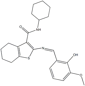 N-cyclohexyl-2-[(2-hydroxy-3-methoxybenzylidene)amino]-4,5,6,7-tetrahydro-1-benzothiophene-3-carboxamide 化学構造式