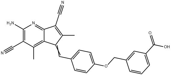 3-({4-[(2-amino-3,7-dicyano-4,6-dimethyl-5H-cyclopenta[b]pyridin-5-ylidene)methyl]phenoxy}methyl)benzoic acid Struktur