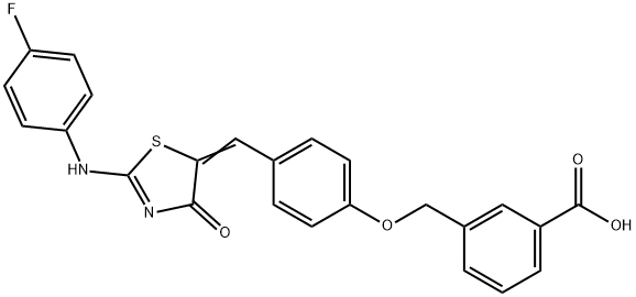 3-{[4-({2-[(4-fluorophenyl)imino]-4-oxo-1,3-thiazolidin-5-ylidene}methyl)phenoxy]methyl}benzoic acid Structure