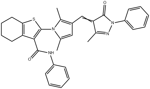 2-{2,5-dimethyl-3-[(3-methyl-5-oxo-1-phenyl-1,5-dihydro-4H-pyrazol-4-ylidene)methyl]-1H-pyrrol-1-yl}-N-phenyl-4,5,6,7-tetrahydro-1-benzothiophene-3-carboxamide,340307-85-9,结构式