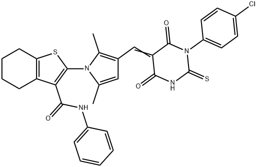 2-{3-[(1-(4-chlorophenyl)-4,6-dioxo-2-thioxotetrahydro-5(2H)-pyrimidinylidene)methyl]-2,5-dimethyl-1H-pyrrol-1-yl}-N-phenyl-4,5,6,7-tetrahydro-1-benzothiophene-3-carboxamide|