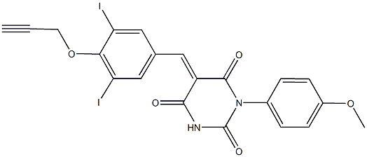 5-[3,5-diiodo-4-(2-propynyloxy)benzylidene]-1-(4-methoxyphenyl)-2,4,6(1H,3H,5H)-pyrimidinetrione Structure