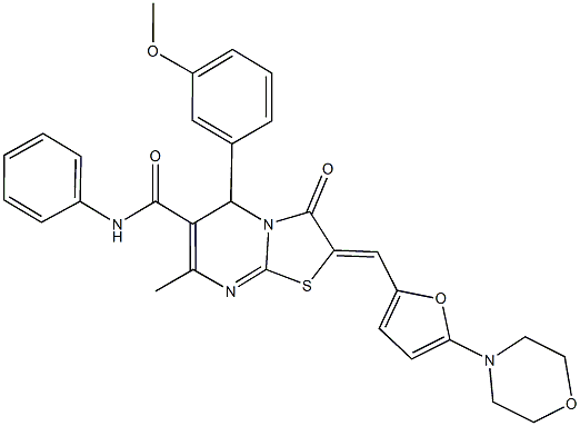 5-(3-methoxyphenyl)-7-methyl-2-{[5-(4-morpholinyl)-2-furyl]methylene}-3-oxo-N-phenyl-2,3-dihydro-5H-[1,3]thiazolo[3,2-a]pyrimidine-6-carboxamide 化学構造式