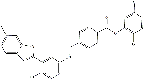 2,5-dichlorophenyl 4-({[4-hydroxy-3-(6-methyl-1,3-benzoxazol-2-yl)phenyl]imino}methyl)benzoate 化学構造式