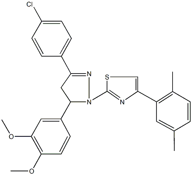 2-[3-(4-chlorophenyl)-5-(3,4-dimethoxyphenyl)-4,5-dihydro-1H-pyrazol-1-yl]-4-(2,5-dimethylphenyl)-1,3-thiazole 化学構造式