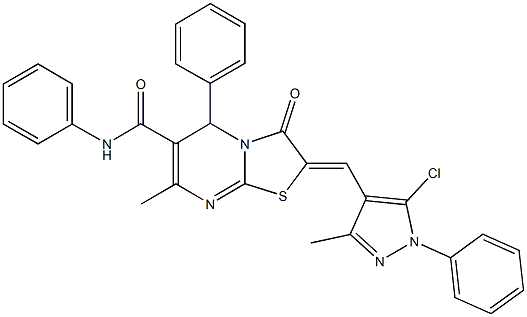 2-[(5-chloro-3-methyl-1-phenyl-1H-pyrazol-4-yl)methylene]-7-methyl-3-oxo-N,5-diphenyl-2,3-dihydro-5H-[1,3]thiazolo[3,2-a]pyrimidine-6-carboxamide 化学構造式