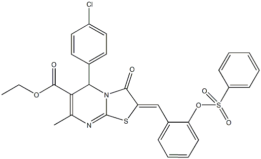 ethyl 5-(4-chlorophenyl)-7-methyl-3-oxo-2-{2-[(phenylsulfonyl)oxy]benzylidene}-2,3-dihydro-5H-[1,3]thiazolo[3,2-a]pyrimidine-6-carboxylate Struktur