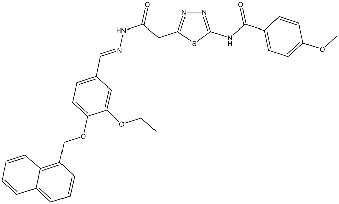 N-[5-(2-{2-[3-ethoxy-4-(1-naphthylmethoxy)benzylidene]hydrazino}-2-oxoethyl)-1,3,4-thiadiazol-2-yl]-4-methoxybenzamide 化学構造式