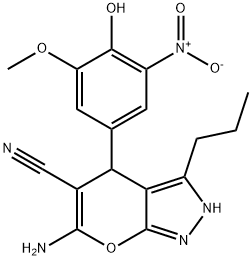 6-amino-4-{4-hydroxy-3-nitro-5-methoxyphenyl}-3-propyl-1,4-dihydropyrano[2,3-c]pyrazole-5-carbonitrile,340807-51-4,结构式
