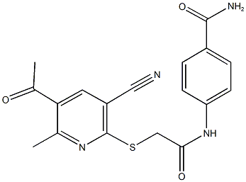 4-({[(5-acetyl-3-cyano-6-methyl-2-pyridinyl)sulfanyl]acetyl}amino)benzamide 化学構造式