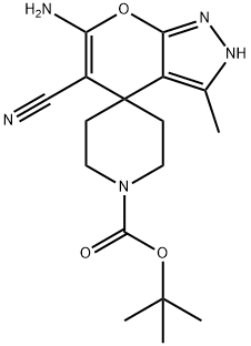 6-amino-1'-tert-butoxycarnonyl-3-methyl-2,4-dihydrospiro(pyrano[2,3-c]pyrazole-4,4'-piperidine)-5-carbonitrile Struktur