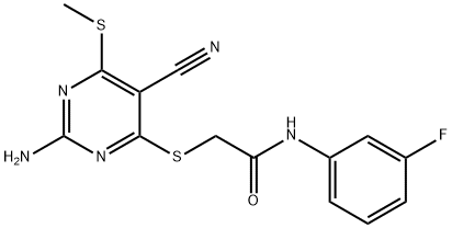 2-{[2-amino-5-cyano-6-(methylsulfanyl)-4-pyrimidinyl]sulfanyl}-N-(3-fluorophenyl)acetamide 结构式