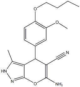 6-amino-4-(4-butoxy-3-methoxyphenyl)-3-methyl-2,4-dihydropyrano[2,3-c]pyrazole-5-carbonitrile Structure