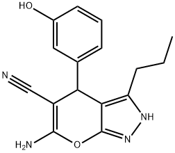 6-amino-4-(3-hydroxyphenyl)-3-propyl-2,4-dihydropyrano[2,3-c]pyrazole-5-carbonitrile 化学構造式