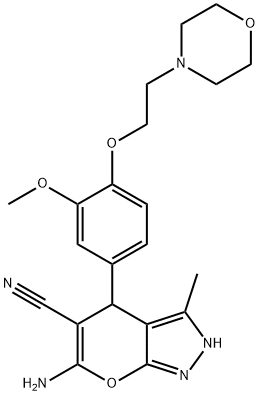 6-amino-4-{3-methoxy-4-[2-(4-morpholinyl)ethoxy]phenyl}-3-methyl-2,4-dihydropyrano[2,3-c]pyrazole-5-carbonitrile 化学構造式