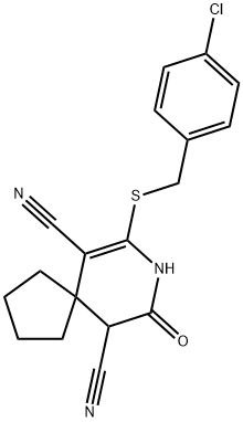 7-[(4-chlorobenzyl)sulfanyl]-9-oxo-8-azaspiro[4.5]dec-6-ene-6,10-dicarbonitrile,340809-10-1,结构式