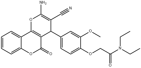 2-[4-(2-amino-3-cyano-5-oxo-4H,5H-pyrano[3,2-c]chromen-4-yl)-2-methoxyphenoxy]-N,N-diethylacetamide Struktur