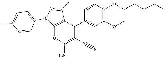 6-amino-4-[3-methoxy-4-(pentyloxy)phenyl]-3-methyl-1-(4-methylphenyl)-1,4-dihydropyrano[2,3-c]pyrazole-5-carbonitrile 结构式