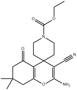 2-amino-3-cyano-7,7-dimethyl-1'-ethoxycarbonyl-5-oxo-5,6,7,8-tetrahydrospiro[4H-chromene-4,4'-piperidine] 结构式