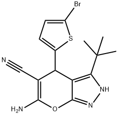 6-amino-4-(5-bromo-2-thienyl)-3-tert-butyl-2,4-dihydropyrano[2,3-c]pyrazole-5-carbonitrile,340812-32-0,结构式