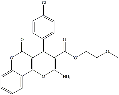 2-methoxyethyl 2-amino-4-(4-chlorophenyl)-5-oxo-4H,5H-pyrano[3,2-c]chromene-3-carboxylate Struktur