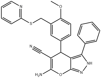 6-amino-4-{4-methoxy-3-[(2-pyridinylsulfanyl)methyl]phenyl}-3-phenyl-2,4-dihydropyrano[2,3-c]pyrazole-5-carbonitrile Structure