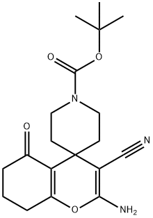 2-amino-3-cyano-1'-(tert-butoxycarbonyl)-5-oxo-5,6,7,8-tetrahydrospiro[4H-chromene-4,4'-piperidine] Struktur