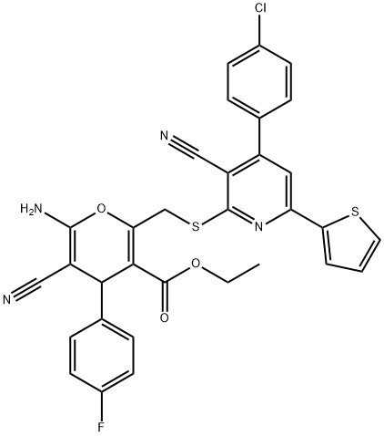 ethyl 6-amino-2-({[4-(4-chlorophenyl)-3-cyano-6-(2-thienyl)-2-pyridinyl]sulfanyl}methyl)-5-cyano-4-(4-fluorophenyl)-4H-pyran-3-carboxylate Struktur