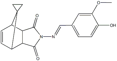 4-[(4-hydroxy-3-methoxybenzylidene)amino]-spiro[4-azatricyclo[5.2.1.0~2,6~]dec[8]ene-10,1'-cyclopropane]-3,5-dione Struktur