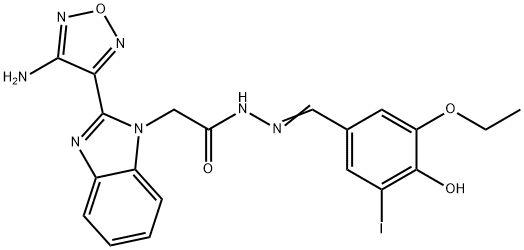 2-[2-(4-amino-1,2,5-oxadiazol-3-yl)-1H-benzimidazol-1-yl]-N'-(3-ethoxy-4-hydroxy-5-iodobenzylidene)acetohydrazide 化学構造式