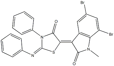 5,7-dibromo-1-methyl-3-[4-oxo-3-phenyl-2-(phenylimino)-1,3-thiazolidin-5-ylidene]-1,3-dihydro-2H-indol-2-one Struktur