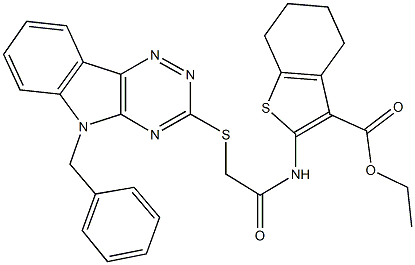 ethyl 2-({[(5-benzyl-5H-[1,2,4]triazino[5,6-b]indol-3-yl)sulfanyl]acetyl}amino)-4,5,6,7-tetrahydro-1-benzothiophene-3-carboxylate Structure