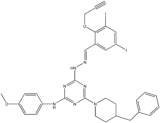 3,5-diiodo-2-(2-propynyloxy)benzaldehyde [4-(4-benzyl-1-piperidinyl)-6-(4-methoxyanilino)-1,3,5-triazin-2-yl]hydrazone 结构式