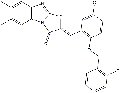 2-{5-chloro-2-[(2-chlorobenzyl)oxy]benzylidene}-6,7-dimethyl[1,3]thiazolo[3,2-a]benzimidazol-3(2H)-one Struktur