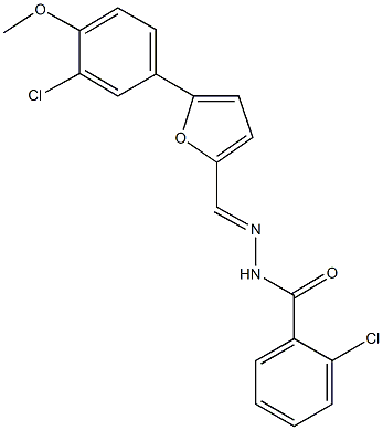 2-chloro-N'-{[5-(3-chloro-4-methoxyphenyl)-2-furyl]methylene}benzohydrazide 化学構造式