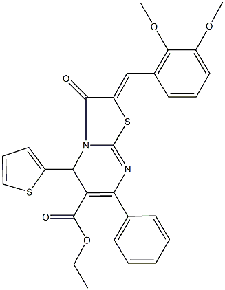 ethyl 2-(2,3-dimethoxybenzylidene)-3-oxo-7-phenyl-5-(2-thienyl)-2,3-dihydro-5H-[1,3]thiazolo[3,2-a]pyrimidine-6-carboxylate 化学構造式