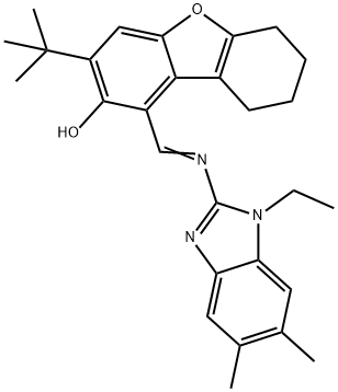 3-tert-butyl-1-{[(1-ethyl-5,6-dimethyl-1H-benzimidazol-2-yl)imino]methyl}-6,7,8,9-tetrahydrodibenzo[b,d]furan-2-ol 化学構造式