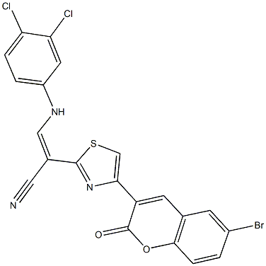 2-[4-(6-bromo-2-oxo-2H-chromen-3-yl)-1,3-thiazol-2-yl]-3-(3,4-dichloroanilino)acrylonitrile Struktur