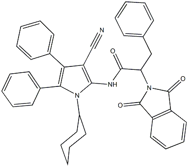 N-(3-cyano-1-cyclohexyl-4,5-diphenyl-1H-pyrrol-2-yl)-2-(1,3-dioxo-1,3-dihydro-2H-isoindol-2-yl)-3-phenylpropanamide Structure