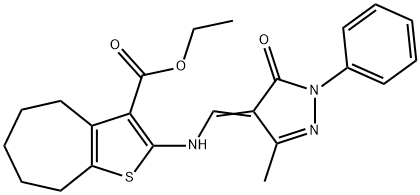 ethyl 2-{[(3-methyl-5-oxo-1-phenyl-1,5-dihydro-4H-pyrazol-4-ylidene)methyl]amino}-5,6,7,8-tetrahydro-4H-cyclohepta[b]thiophene-3-carboxylate,342381-91-3,结构式