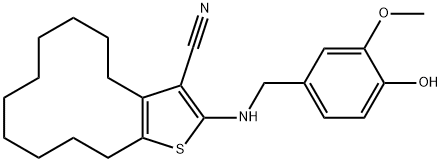 2-[(4-hydroxy-3-methoxybenzyl)amino]-4,5,6,7,8,9,10,11,12,13-decahydrocyclododeca[b]thiophene-3-carbonitrile 结构式