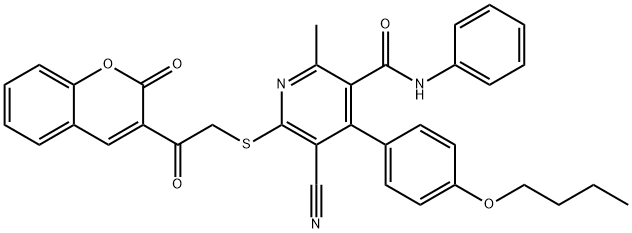 4-(4-butoxyphenyl)-5-cyano-2-methyl-6-{[2-oxo-2-(2-oxo-2H-chromen-3-yl)ethyl]sulfanyl}-N-phenylnicotinamide 结构式