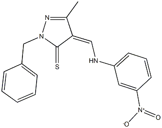 2-benzyl-4-({3-nitroanilino}methylene)-5-methyl-2,4-dihydro-3H-pyrazole-3-thione Struktur