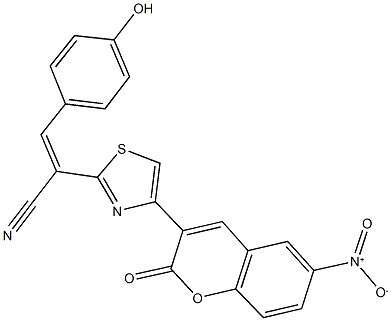 2-(4-{6-nitro-2-oxo-2H-chromen-3-yl}-1,3-thiazol-2-yl)-3-(4-hydroxyphenyl)acrylonitrile 结构式