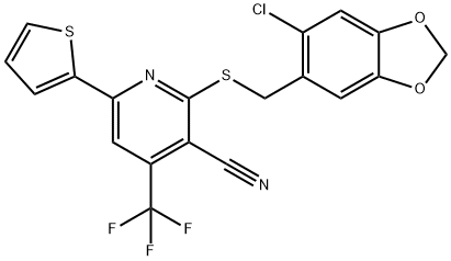 2-{[(6-chloro-1,3-benzodioxol-5-yl)methyl]sulfanyl}-6-(2-thienyl)-4-(trifluoromethyl)nicotinonitrile 结构式