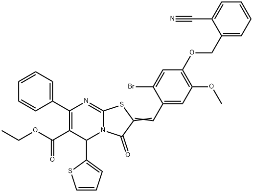 ethyl 2-{2-bromo-4-[(2-cyanobenzyl)oxy]-5-methoxybenzylidene}-3-oxo-7-phenyl-5-(2-thienyl)-2,3-dihydro-5H-[1,3]thiazolo[3,2-a]pyrimidine-6-carboxylate,343348-49-2,结构式