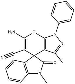 6'-amino-1,3'-dimethyl-1'-phenyl-1,1',3,4'-tetrahydro-2-oxospiro(2H-indole-3,4'-pyrano[2,3-c]pyrazole)-5'-carbonitrile Struktur