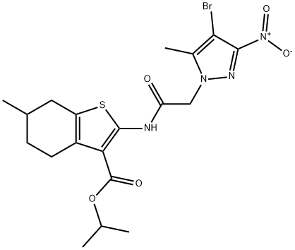 isopropyl 2-[({4-bromo-3-nitro-5-methyl-1H-pyrazol-1-yl}acetyl)amino]-6-methyl-4,5,6,7-tetrahydro-1-benzothiophene-3-carboxylate Structure