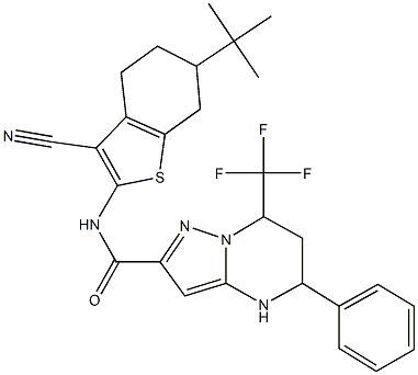 N-[6-(tert-butyl)-3-cyano-4,5,6,7-tetrahydro-1-benzothiophen-2-yl]-5-phenyl-7-(trifluoromethyl)-4,5,6,7-tetrahydropyrazolo[1,5-a]pyrimidine-2-carboxamide Struktur