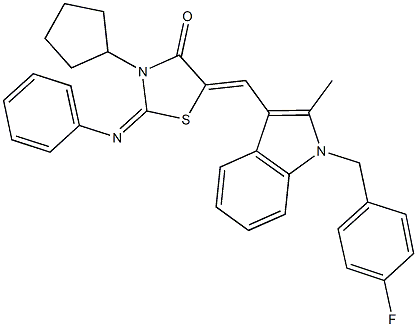 3-cyclopentyl-5-{[1-(4-fluorobenzyl)-2-methyl-1H-indol-3-yl]methylene}-2-(phenylimino)-1,3-thiazolidin-4-one 结构式